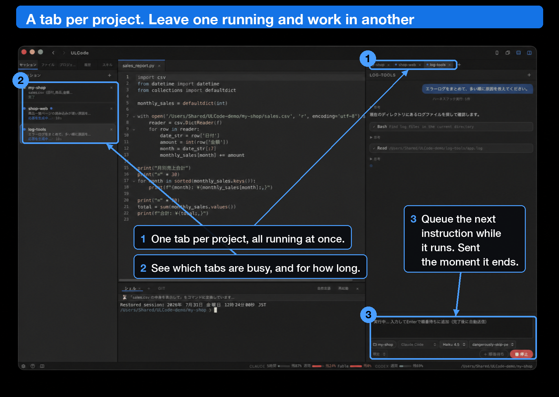 Three projects running in parallel across tabs, with annotations
