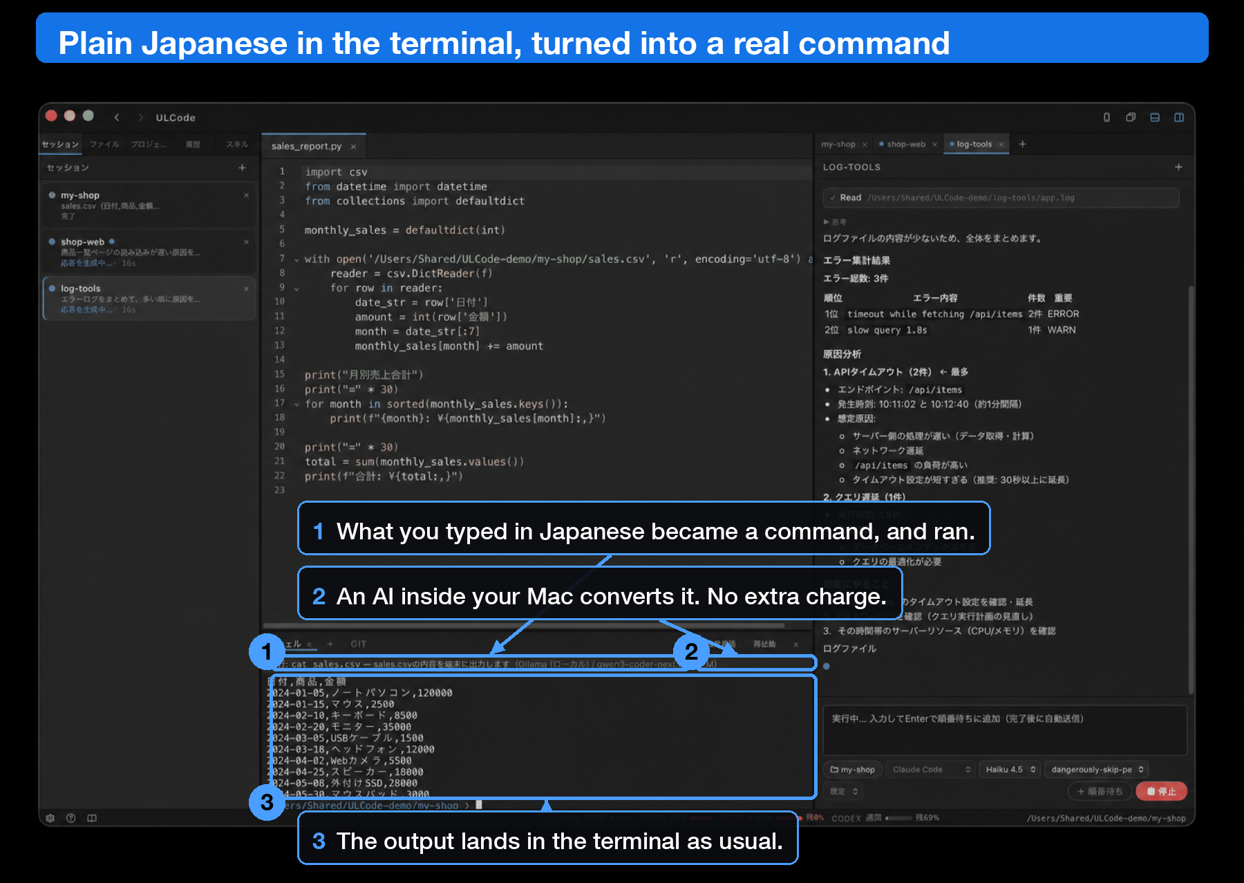 Terminal converting Japanese into a shell command and running it, annotated